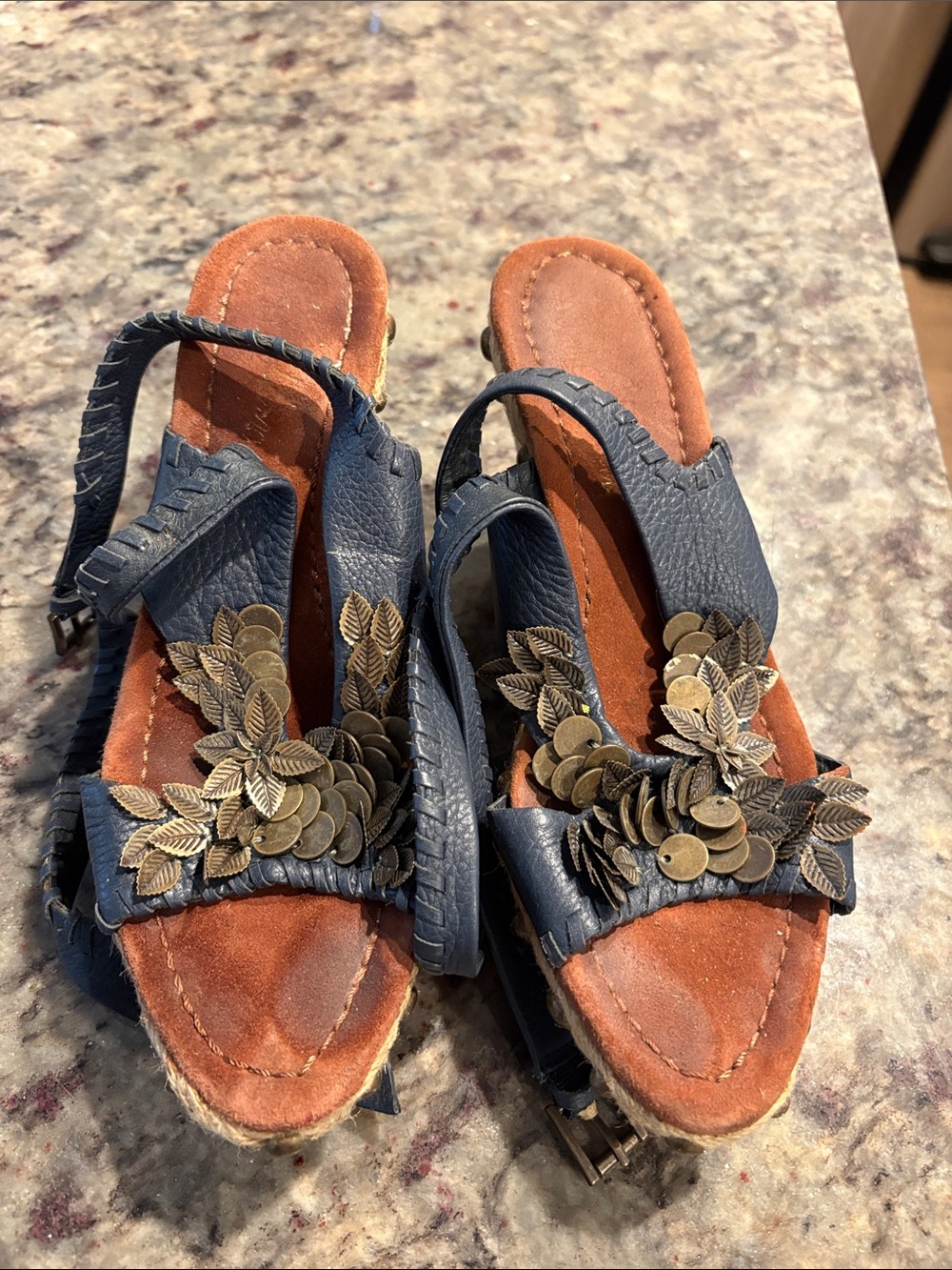 Women's Navy Leather Embellished Slingback Sandals